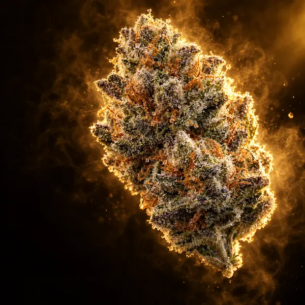 Cogollo de cannabis escarchado bajo una luz dorada, congelado nada más cosechar
