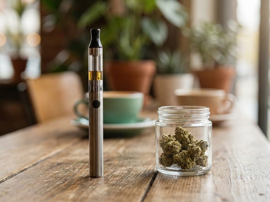 vaper thc — plan d'ouverture éditorial, sujet net au premier plan, profondeur de champ courte, lumière naturelle rasante, fond contextuel discret