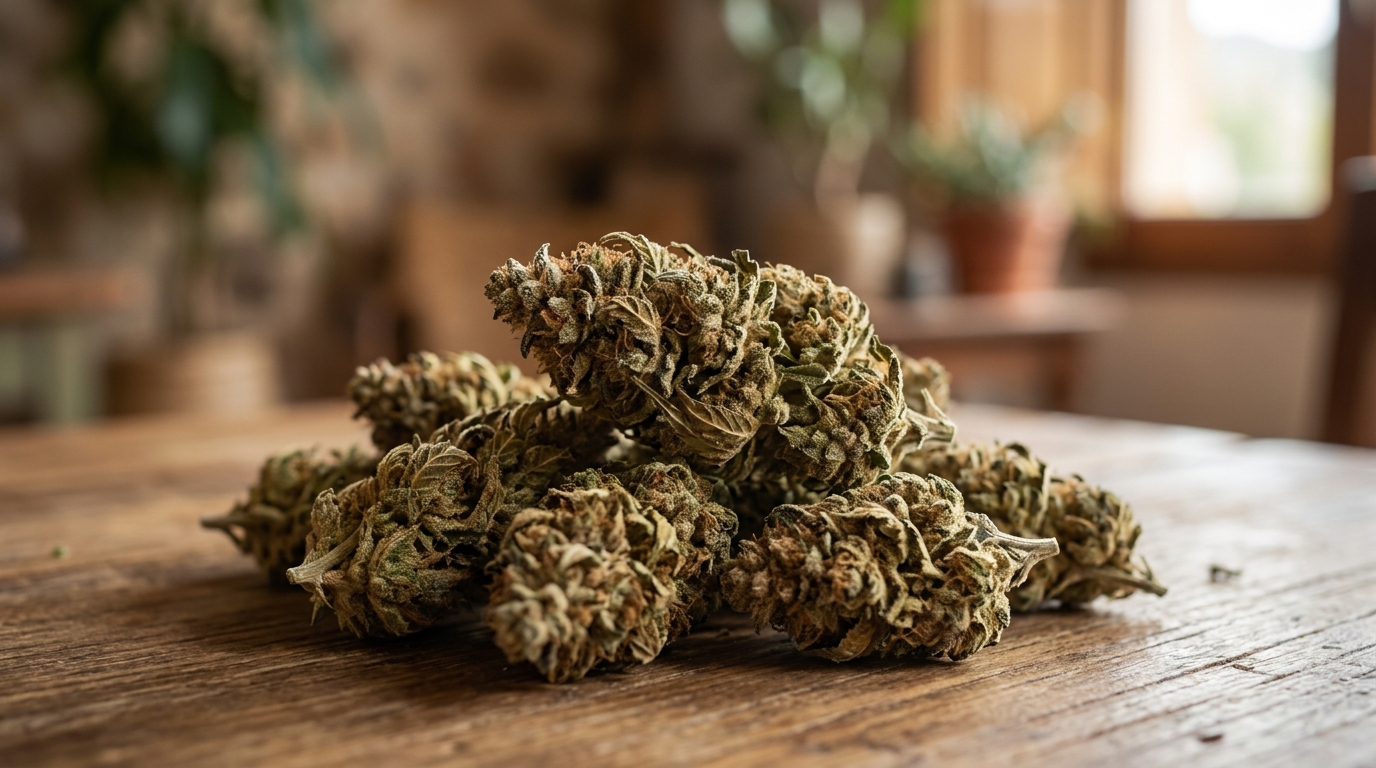 cogollos de cbd — plan d'ouverture éditorial, sujet net au premier plan, profondeur de champ courte, lumière naturelle rasante, fond contextuel discret