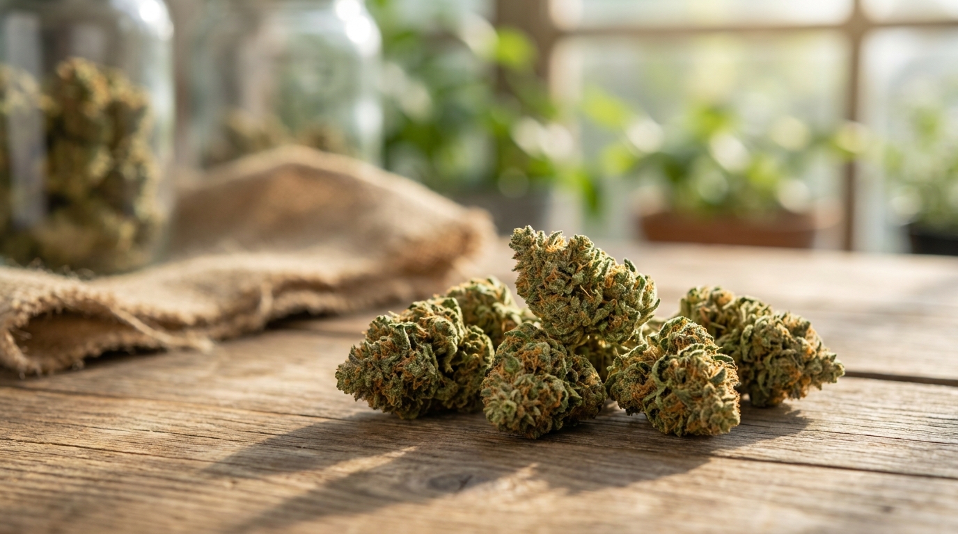 Primer plano de flor y resina con THC, junto a cáñamo de tienda