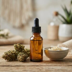 Primer plano de un frasco de aceite de CBD con su etiqueta