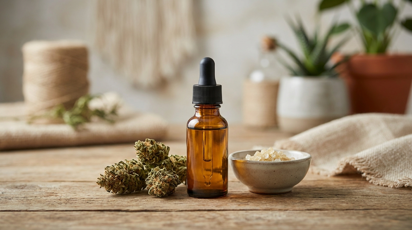 Primer plano de un frasco de aceite de CBD con su etiqueta