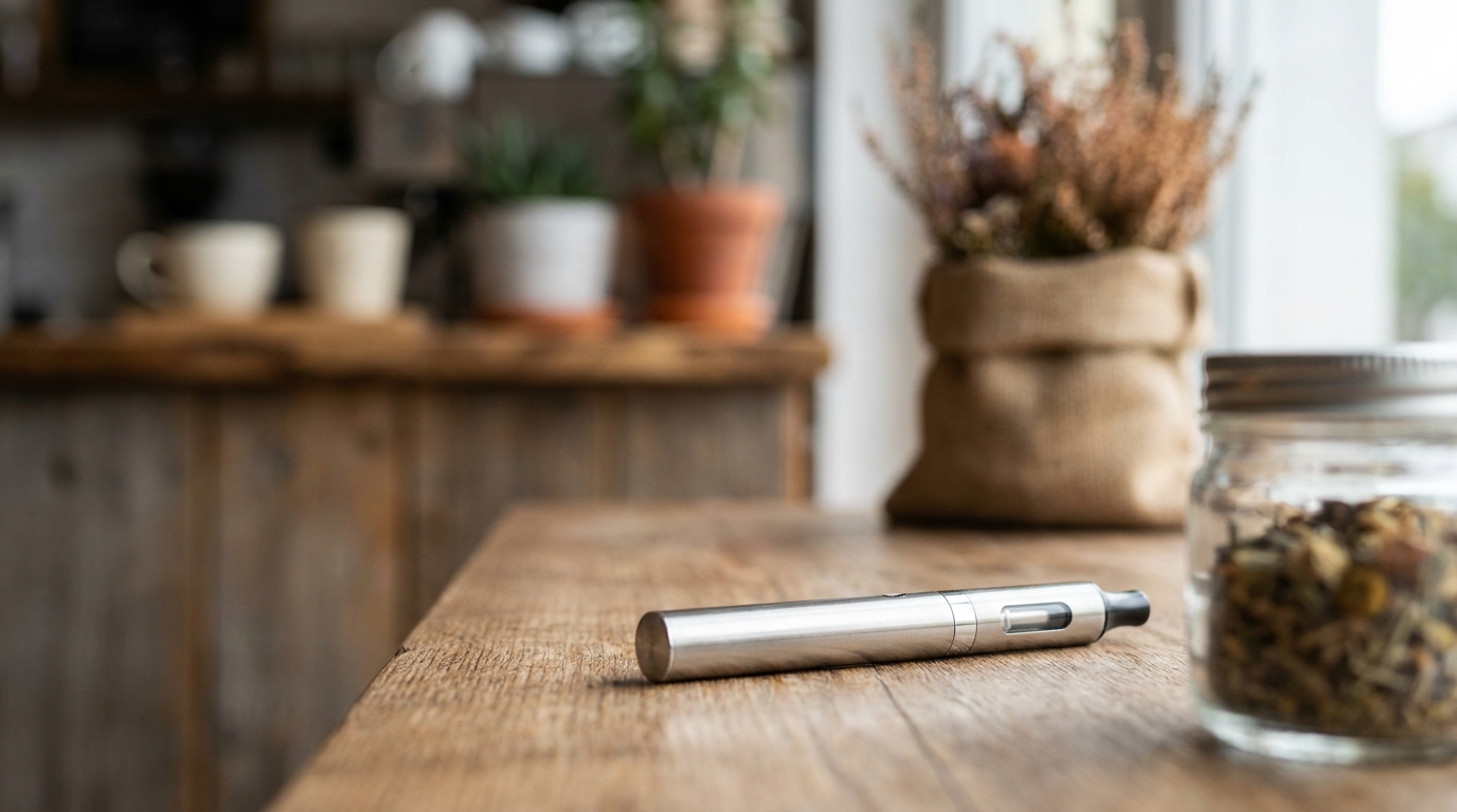 Vaper de CBD recargable con su cápsula magnética sobre una mesa clara