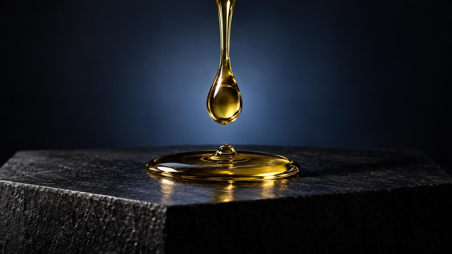 Gota de aceite dorado cayendo sobre superficie oscura, ilustrando la forma de presentación del aceite cbd