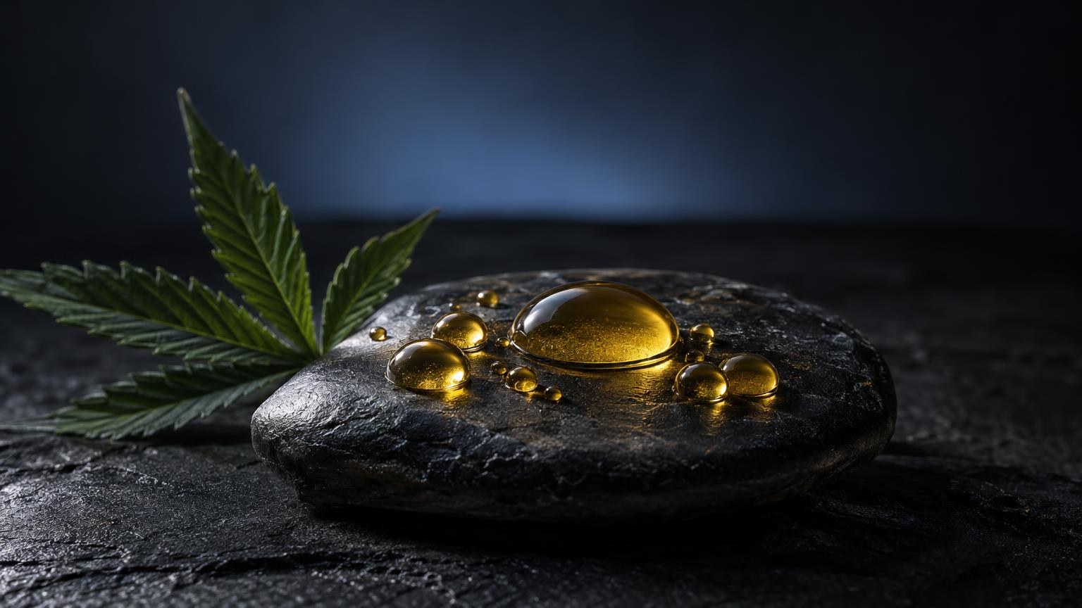 Gotas de aceite dorado sobre piedra negra con hoja de cannabis, sobre fondo azul oscuro