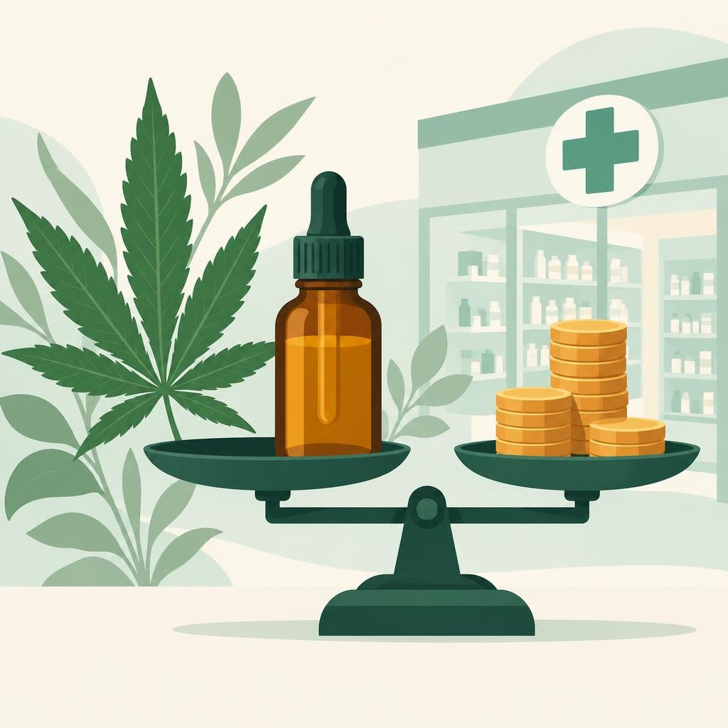 Balanza con frasco de aceite dorado y monedas de oro, planta de cannabis y farmacia de fondo