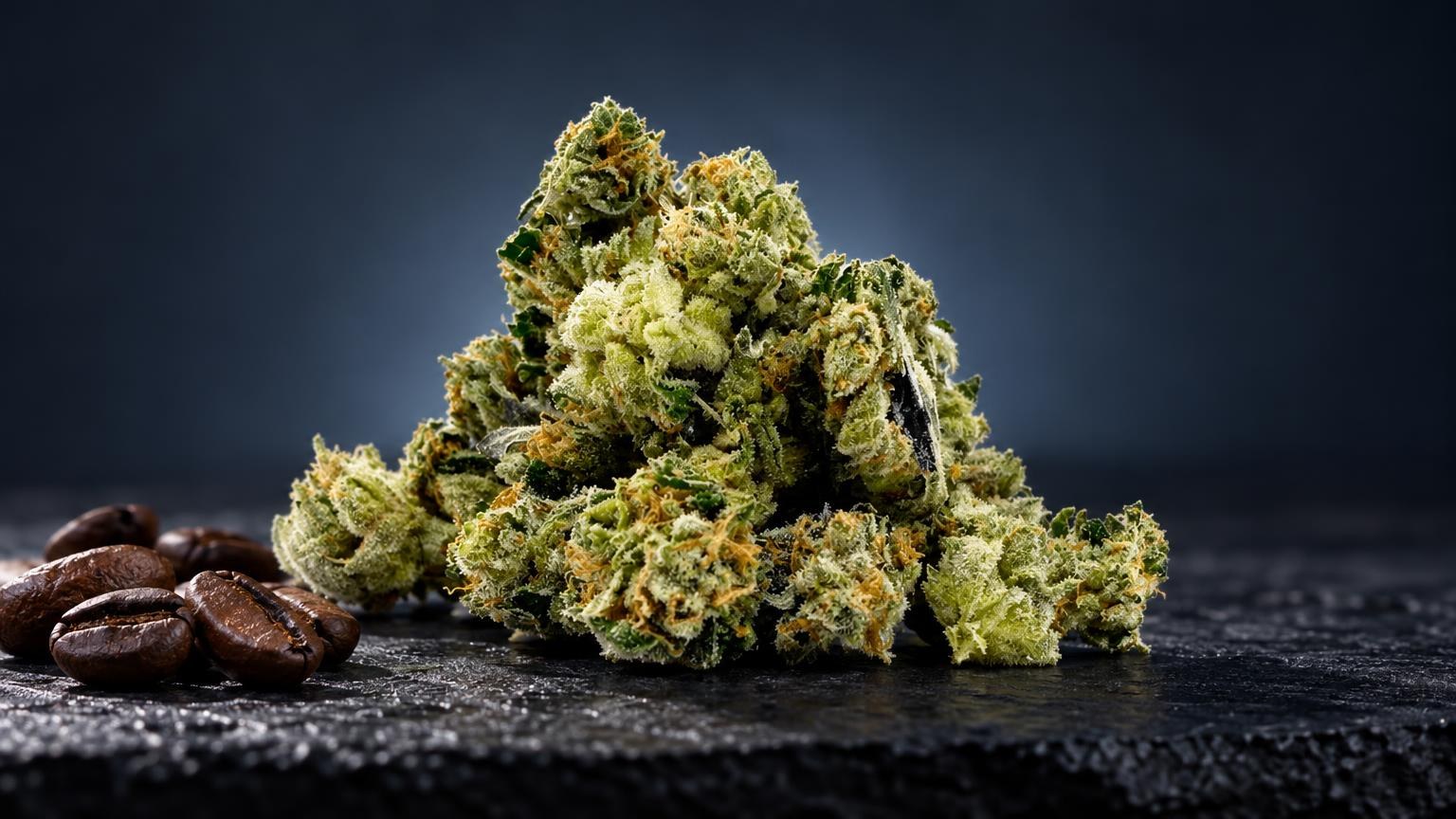 Flores densas de tonos verdes y dorados con tricomas cristalinos, junto a semillas, sobre fondo oscuro