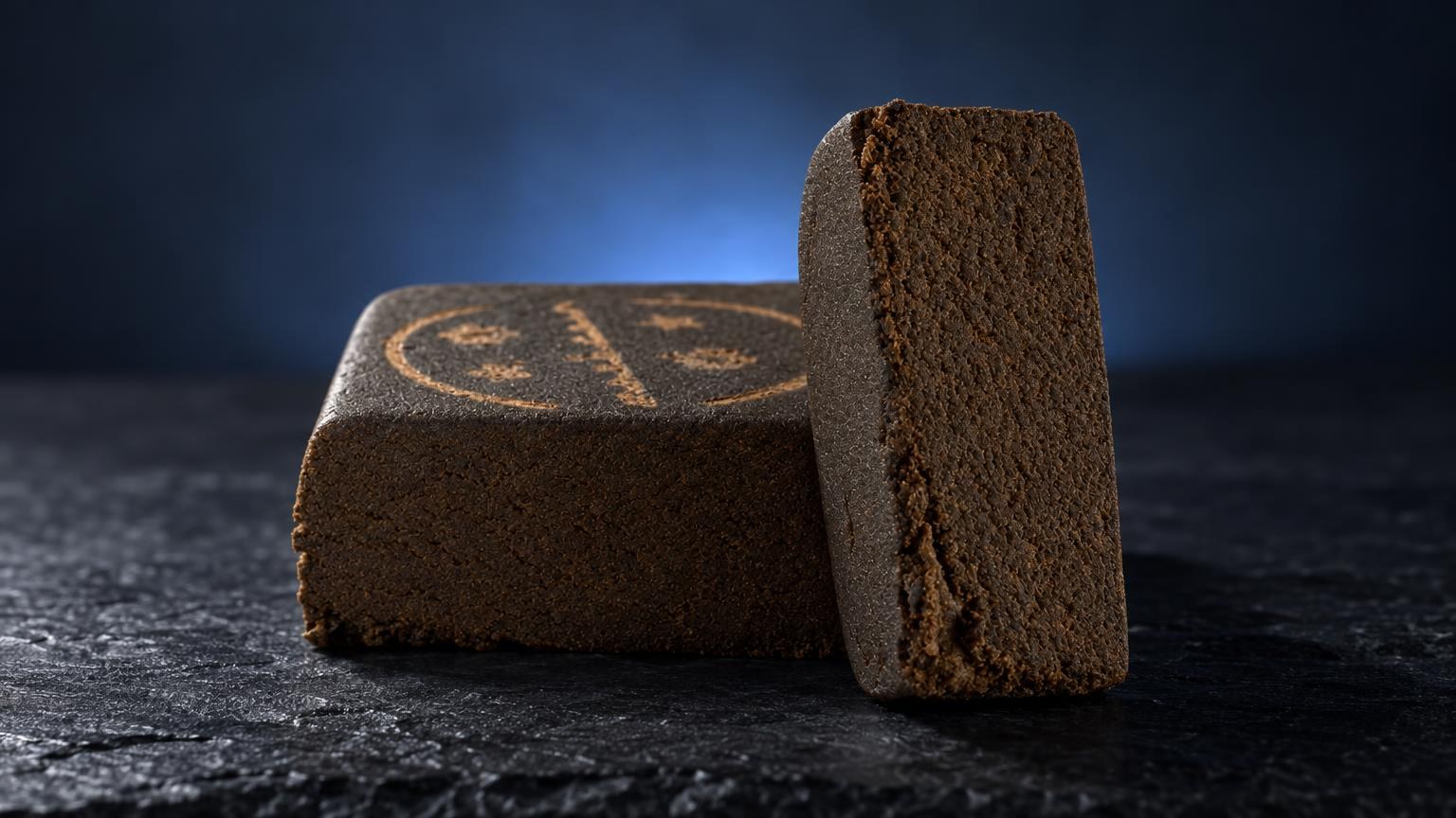 Afghan Hash marrón con textura granulosa y forma rectangular sobre superficie oscura