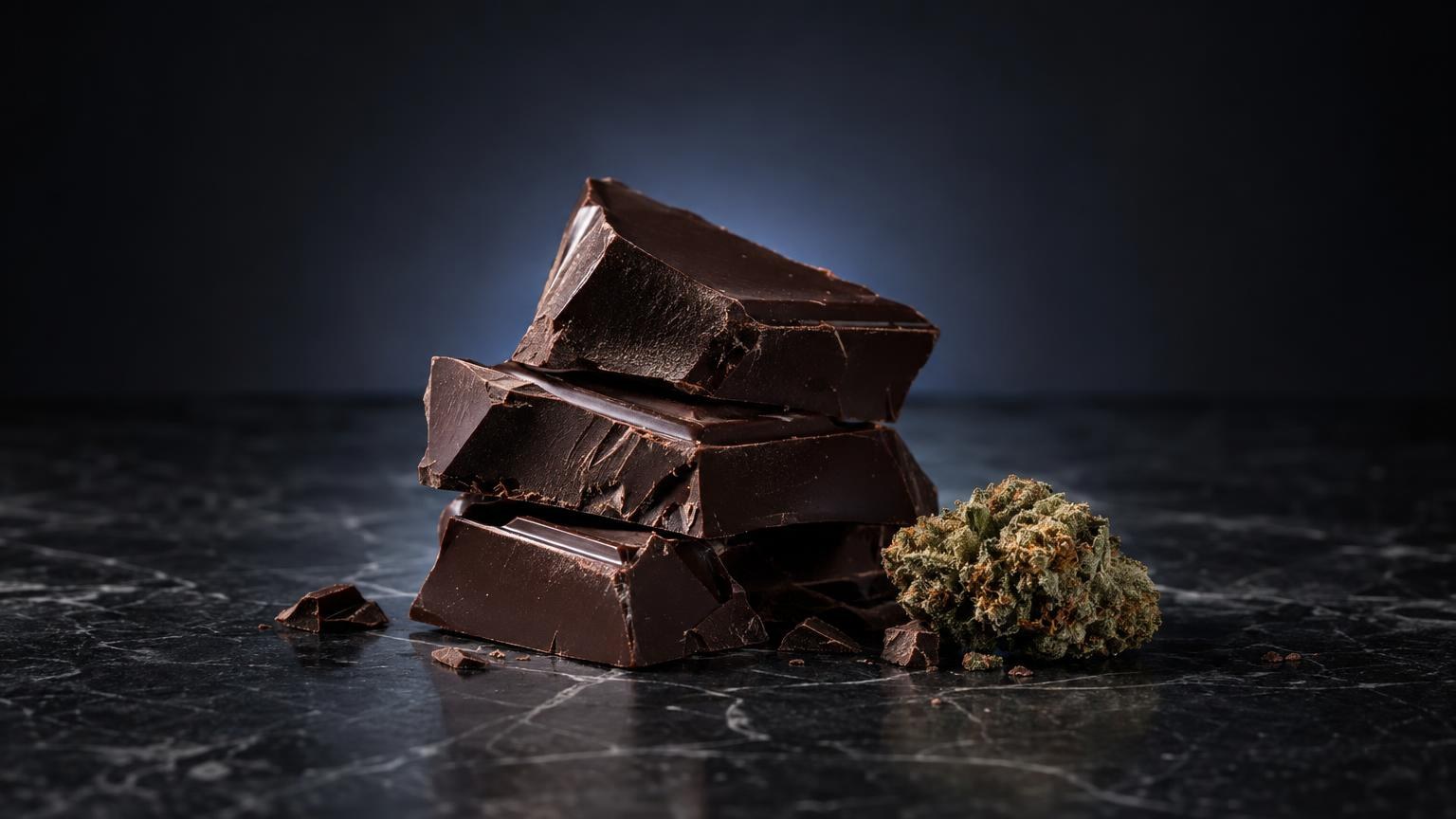 Trozos de chocolate oscuro apilados junto a flores de cannabis secas sobre superficie negra, representando CBD comestible