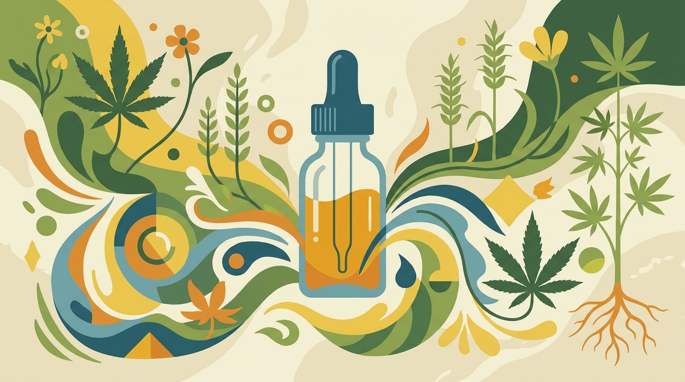 Frasco gotero con líquido amarillo rodeado de hojas de cannabis, flores y plantas verdes en ilustración colorida