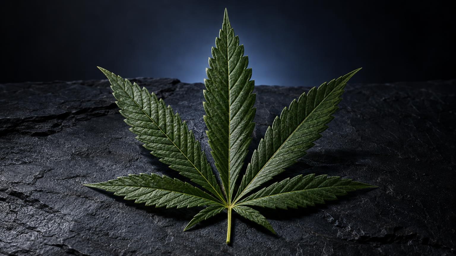 Hoja de cannabis con nueve folíolos verdes sobre superficie de roca oscura, tema de CBD perros contraindicaciones