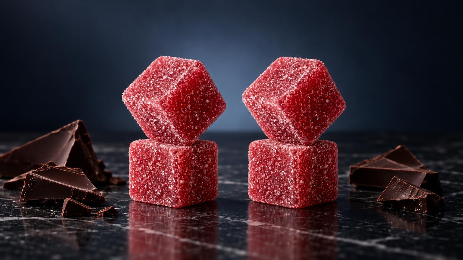 Dos gominolas rosas cubicas cubiertas de azúcar, junto a trozos de chocolate, sobre superficie negra reflectante