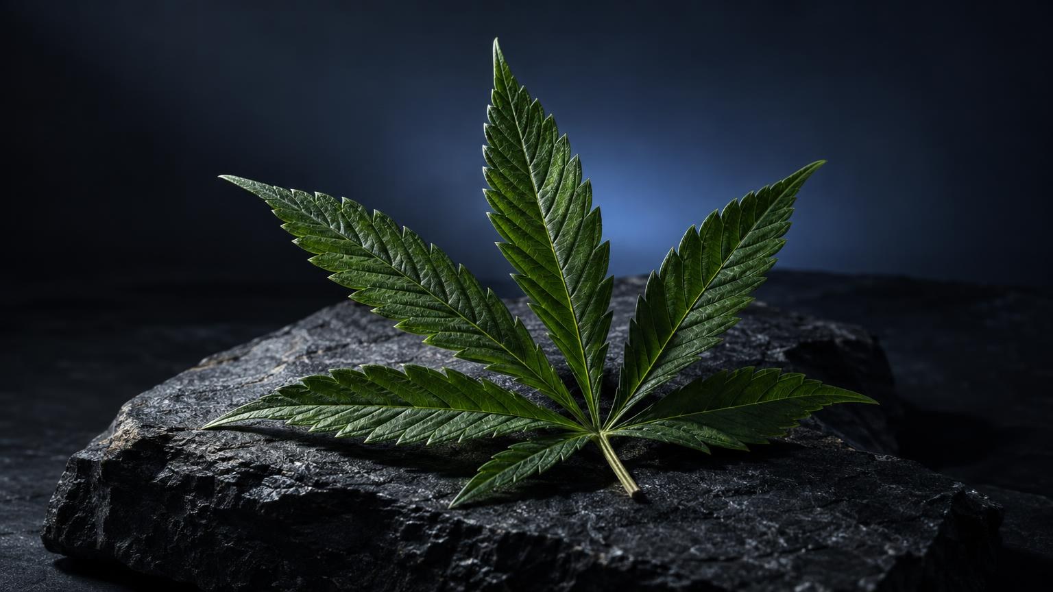 Cuánto dura el THC en la saliva: hoja de cannabis sobre roca oscura, tema de detección de THC en saliva