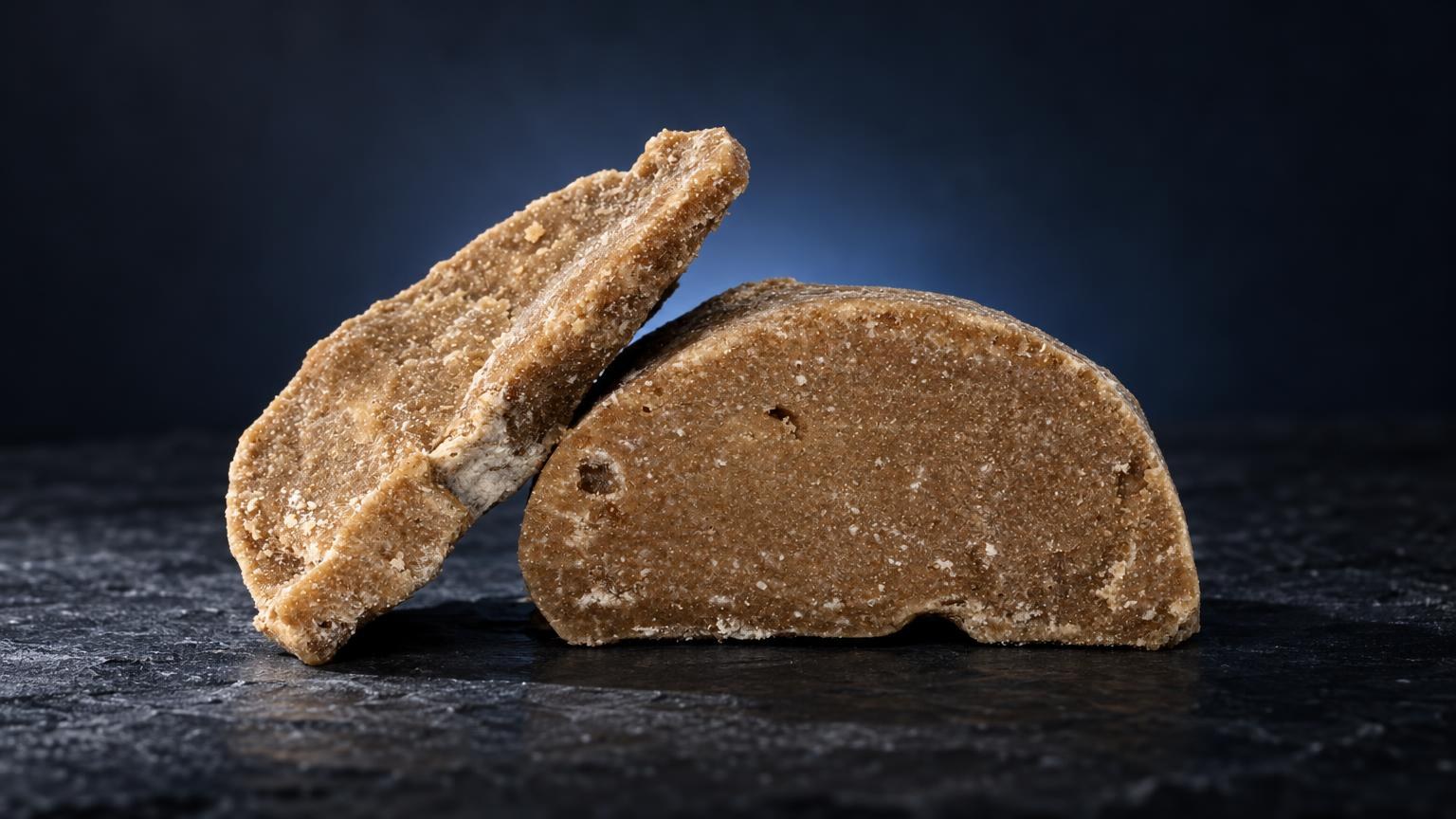 Frozen con textura granulosa marrón claro, en forma de pastilla y trozo, sobre superficie oscura