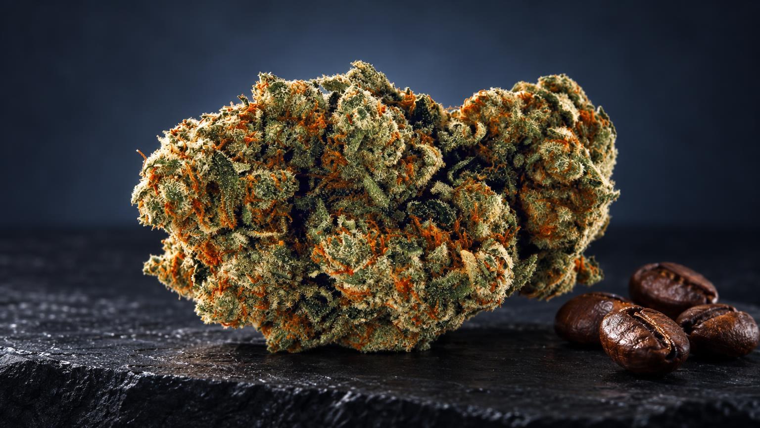 Flor de cannabis con tricomas dorados y naranjas junto a semillas de cacao sobre superficie oscura