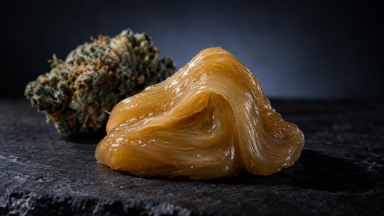 Live rosin: extracto de cannabis de textura dorada y viscosa junto a flor fresca, sobre superficie oscura