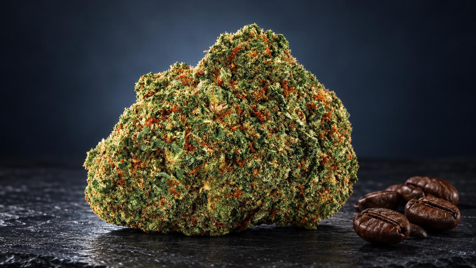 Flor de cannabis Gelato con estructura densa, tonos verdes y anaranjados, junto a semillas de café sobre superficie oscura