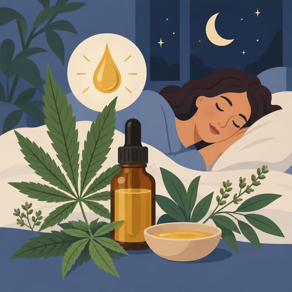 Mejor aceite cbd para dormir: dibujo plano con motivos vegetales — ¿Qué aceites de CBD son mejores para dormir?