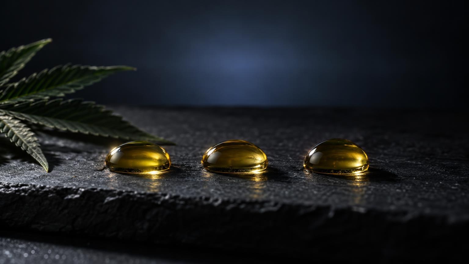 Tres cápsulas de aceite dorado alineadas sobre superficie negra junto a hojas verdes, representando productos de CBD