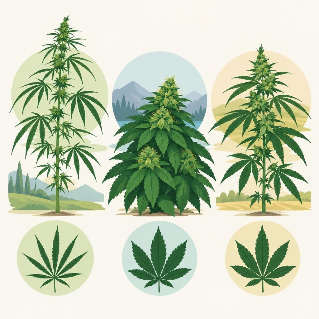 Tres plantas de marihuana con diferentes morfologías y tres hojas individuales, ilustrando variedad de tipos