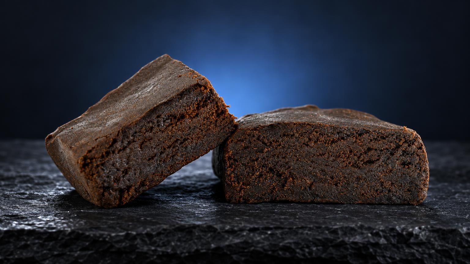 Polen (droga: dos bloques compactos de Kashmir Hash de color marrón oscuro, textura granulosa, sobre superficie negra