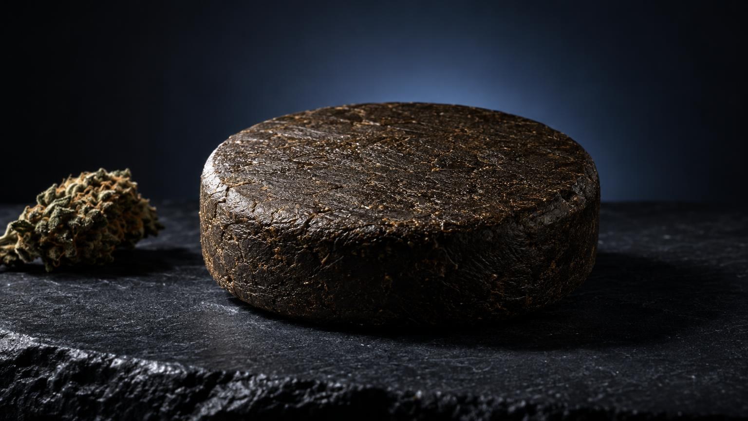 Resina CBD barata comprimida en forma cilíndrica sobre superficie oscura, con flores secas