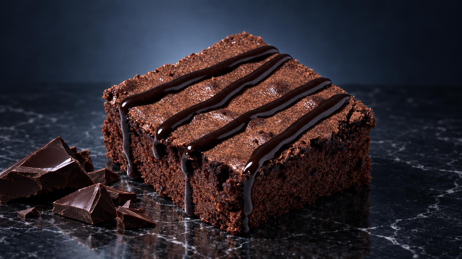 Brownie de chocolate con cobertura de ganache, rodeado de trozos de chocolate oscuro sobre superficie negra