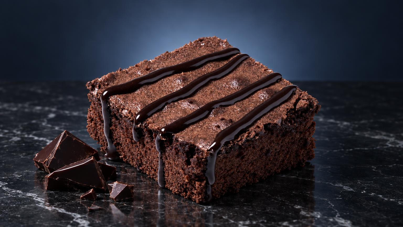 Brownie de chocolate oscuro con glaseado y trozos de chocolate, sobre superficie negra