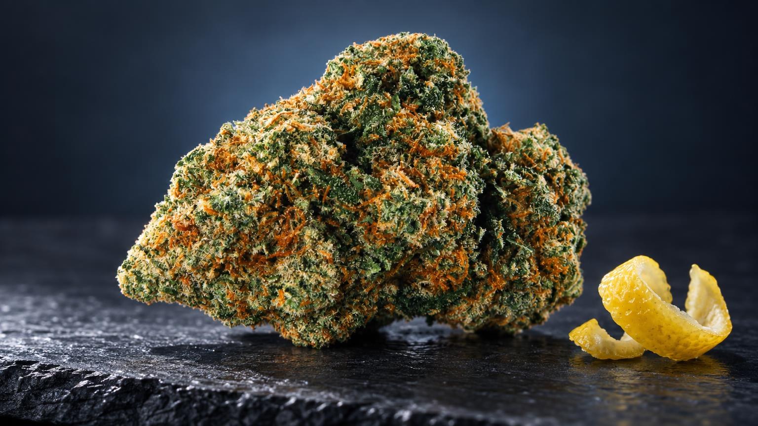 Flores secas de Super Lemon Haze CBD con tonos verdes y naranjas, acompañadas de cáscara de limón fresco