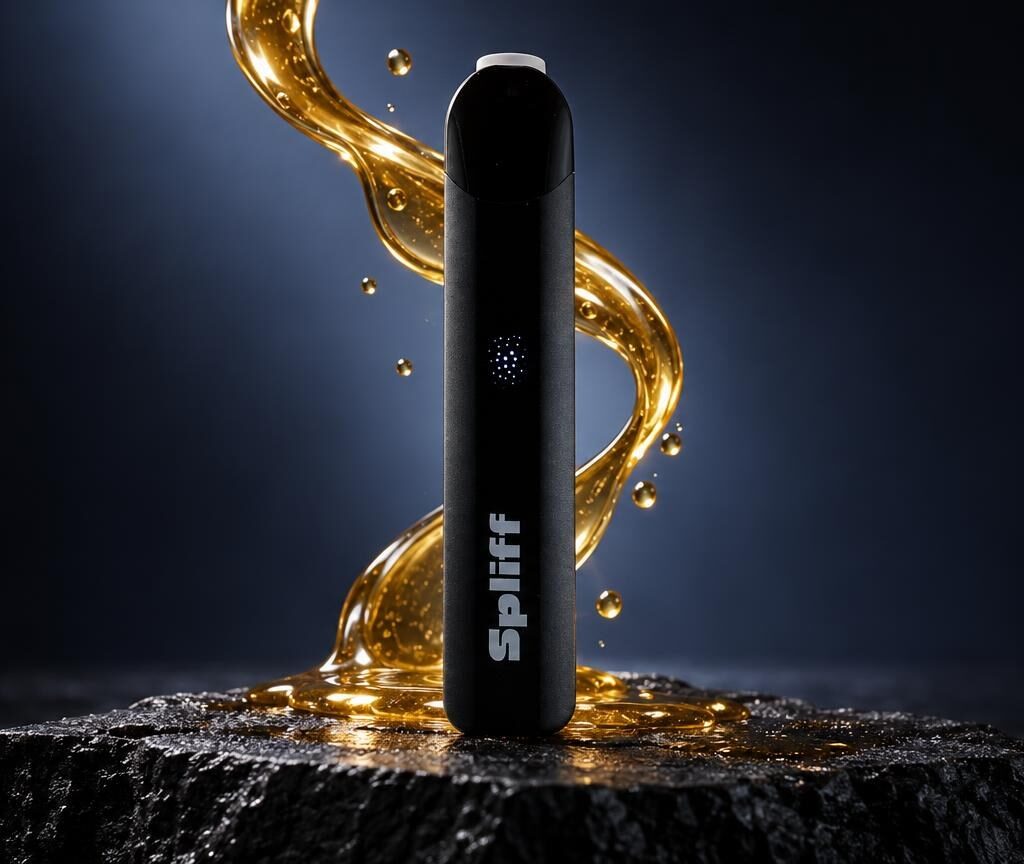 Magic Vape negro cilíndrico con logo, rodeado de líquido dorado brillante sobre roca oscura, contexto de productos CBD