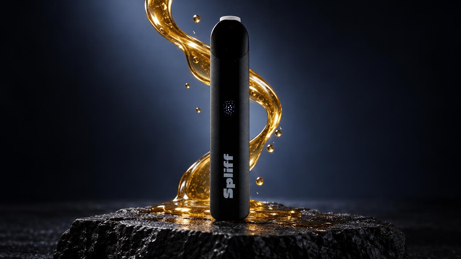 Vapeador negro cilíndrico con logo, rodeado de líquido dorado brillante sobre roca oscura, contexto de productos CBD