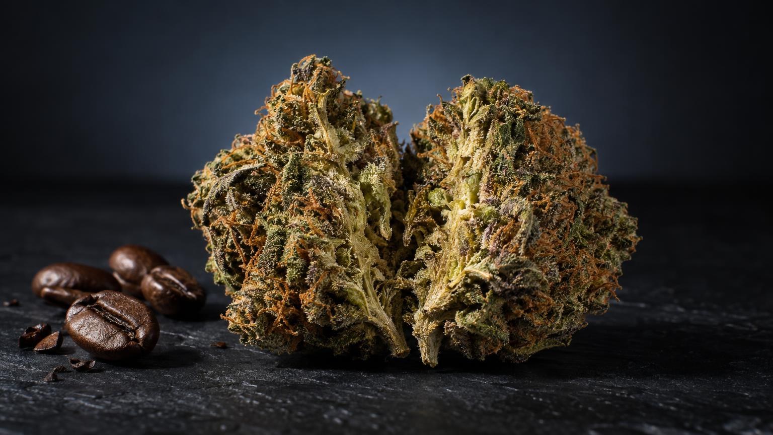 Flores de Tangie weed con tonos verdes y dorados, granos de polen visible, junto a granos de café sobre fondo oscuro
