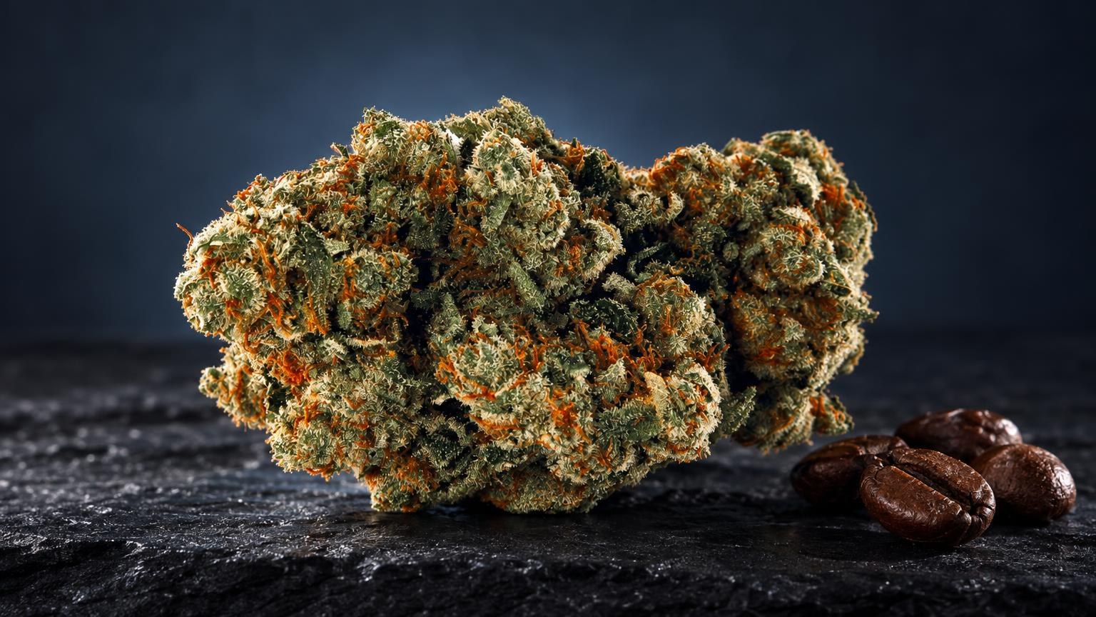 Flores de Tangie weed con tonos dorados, verdes y naranjas sobre superficie oscura, junto a granos de café