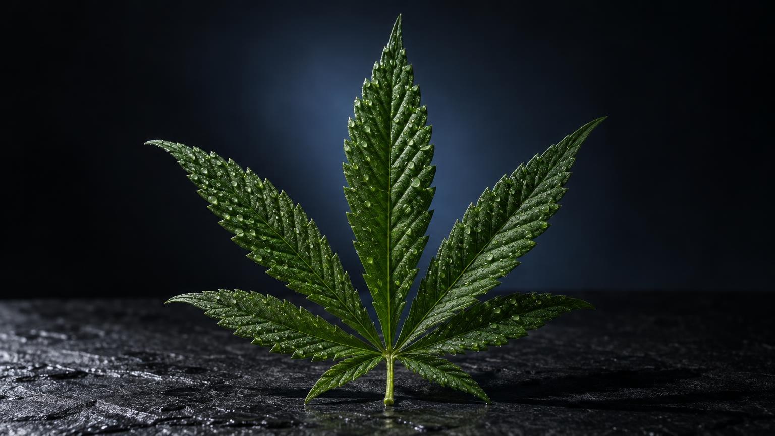 Hoja de cannabis con cinco foliolos sobre superficie oscura, representando la planta objeto del Test de saliva THC