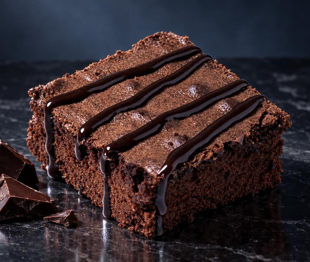 Brownie de chocolate oscuro con rayas de ganache, acompañado de trozos de chocolate, sobre superficie negra