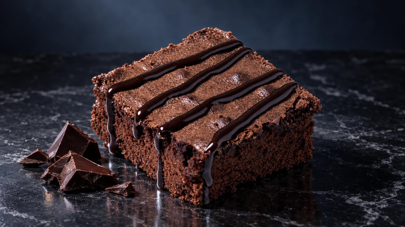 Brownie de chocolate oscuro con rayas de ganache, acompañado de trozos de chocolate, sobre superficie negra