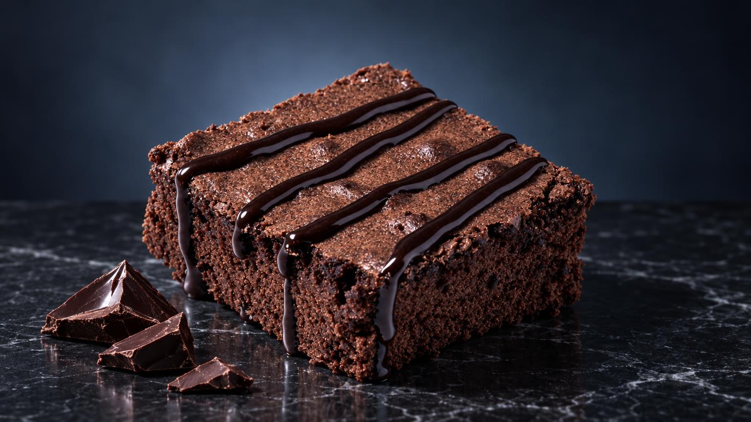 Brownie de chocolate oscuro con cobertura de glaseado negro, acompañado de trozos de chocolate, sobre superficie mármol