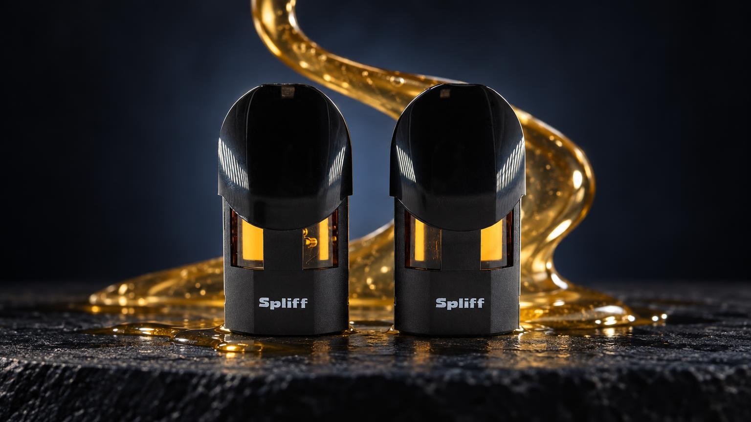 Dos cartuchos negros con detalles dorados y líquido ámbar, THC vapes de diseño moderno