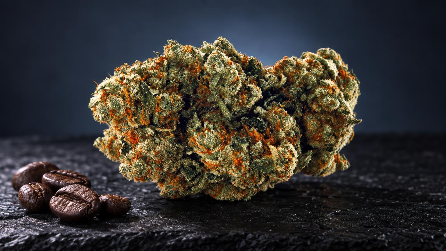 Flores secas de cannabis con tricomas cristalinos y pistilos naranjas, junto a semillas de café sobre superficie negra