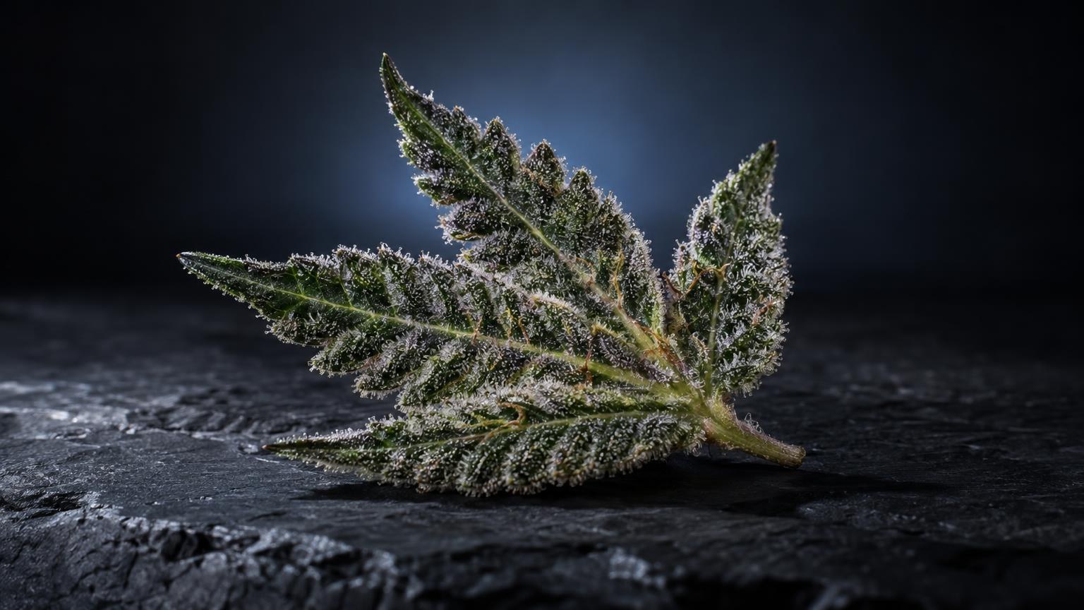 Flor de cannabis con tricomas cristalinos sobre superficie oscura, ilustrando variedades Widow